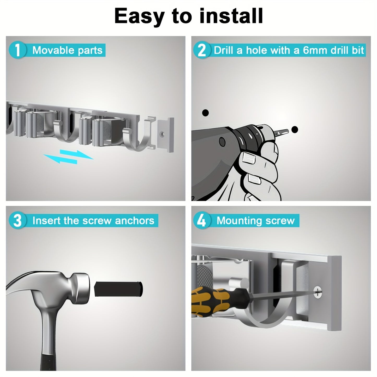 Heavy-Duty Industrial Stainless Steel Broom and Mop Holder - Wall-Mounted Organizer with 4 Clips & 5 Hooks, Easy Installation for Home, Kitchen, Garden, Laundry, Garage - Includes Wooden Broom and Cleaning Tools