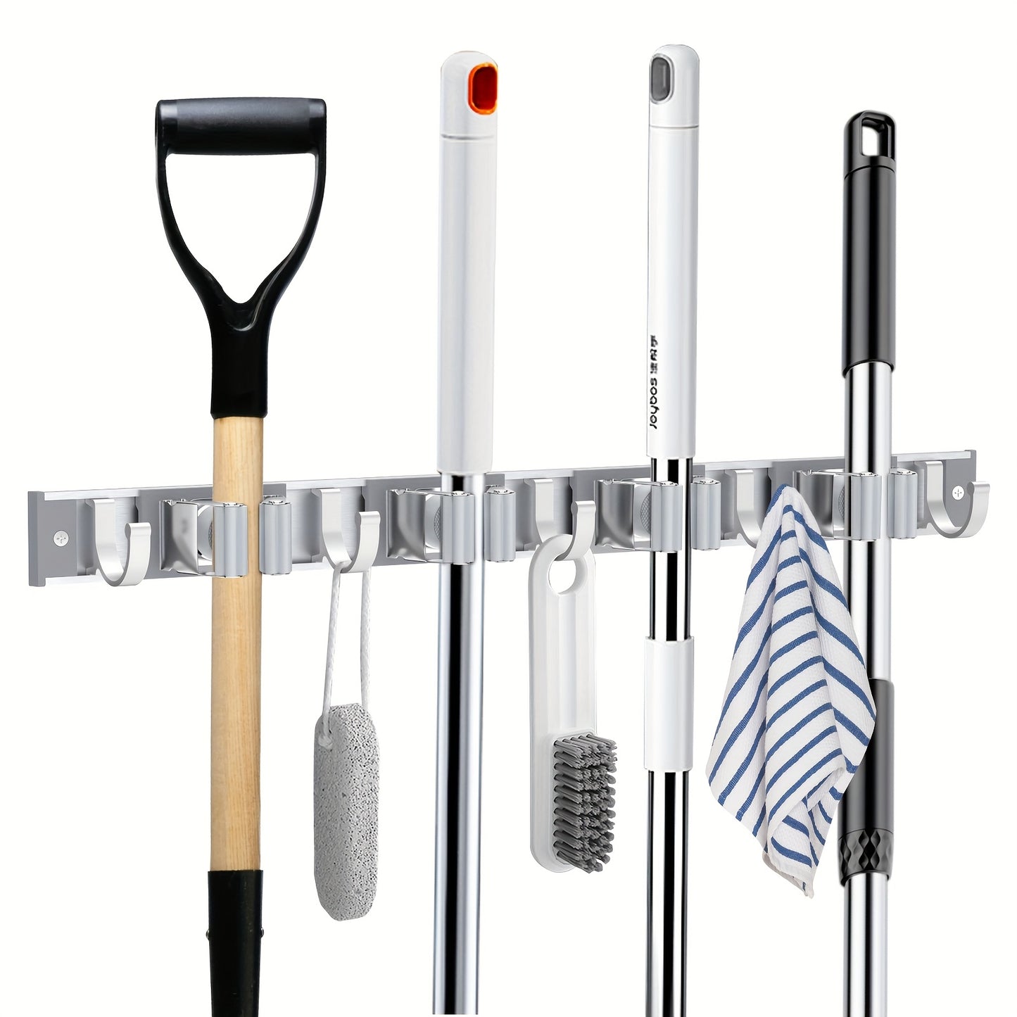 Heavy-Duty Industrial Stainless Steel Broom and Mop Holder - Wall-Mounted Organizer with 4 Clips & 5 Hooks, Easy Installation for Home, Kitchen, Garden, Laundry, Garage - Includes Wooden Broom and Cleaning Tools